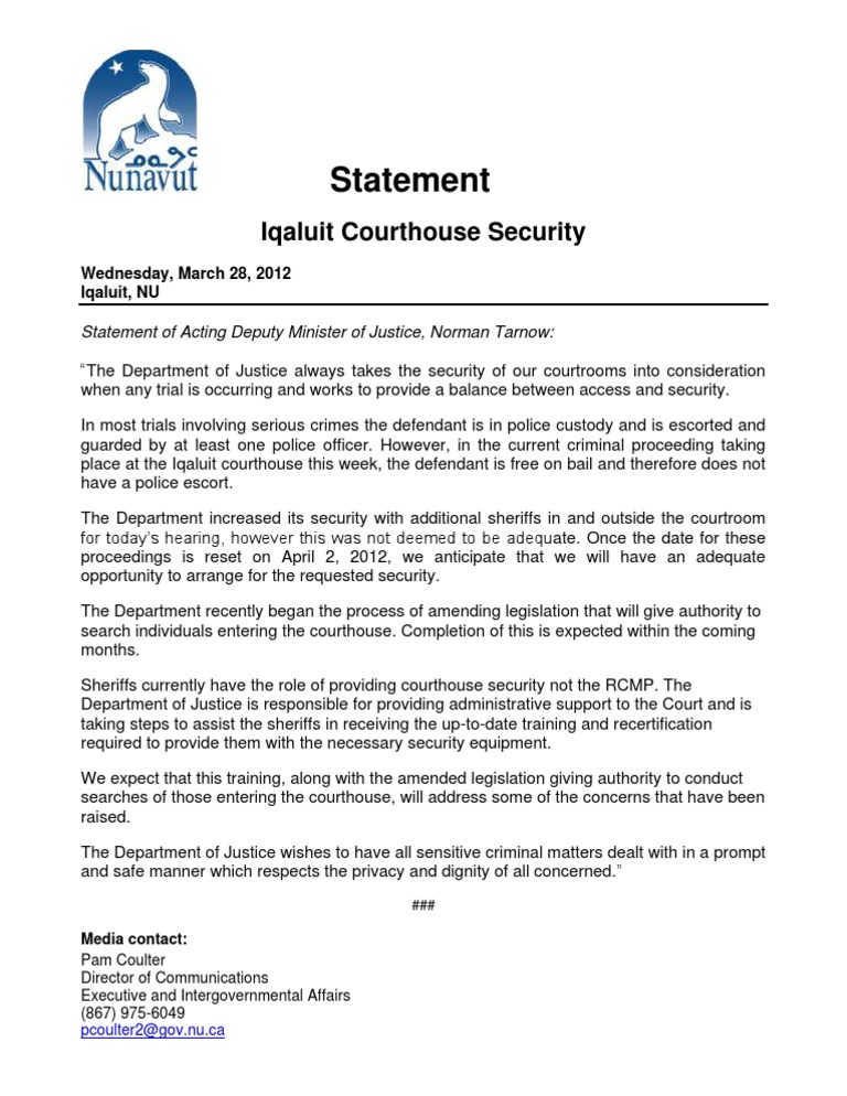 DM Statement - Iqaluit Courthouse Security - EnG | PDF | Law | Computers