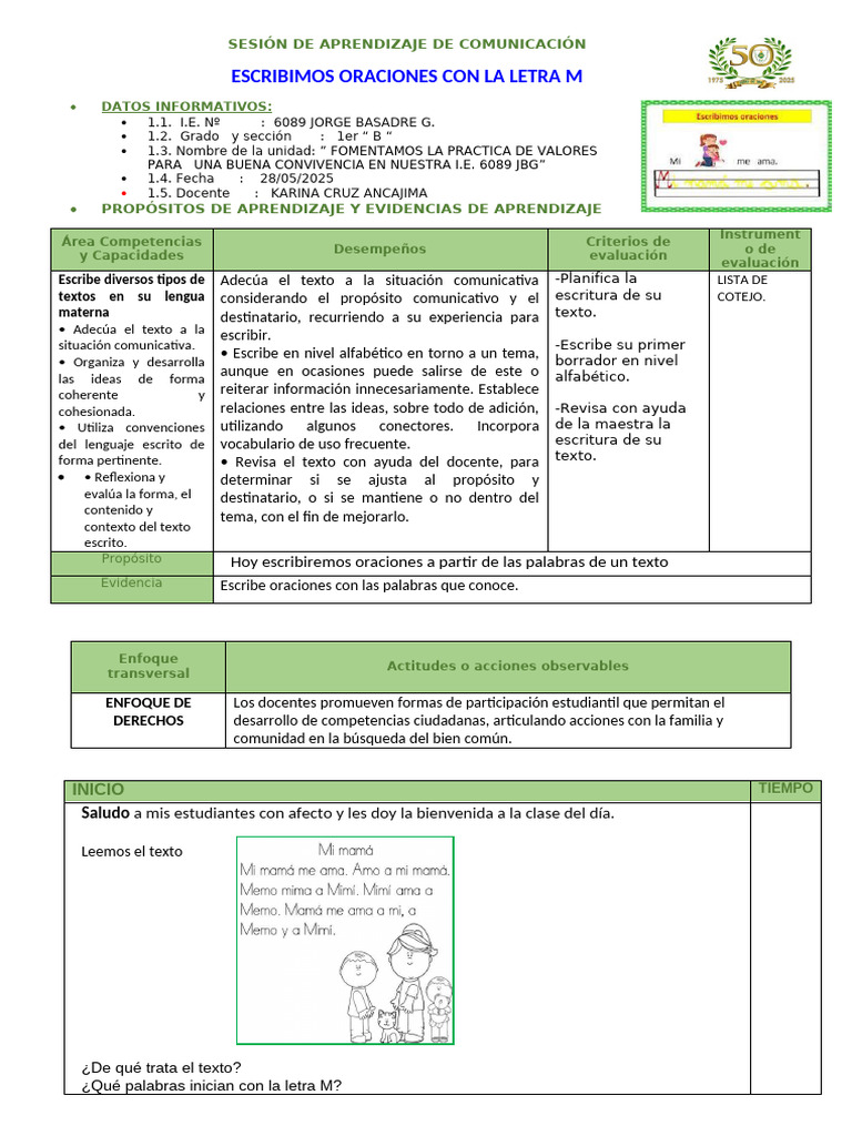 Escritura de Oraciones con la Letra M | PDF | Escritura | Aprendizaje