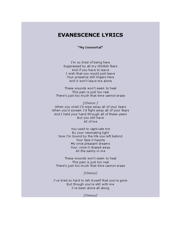 Evanescence Lyrics PDF