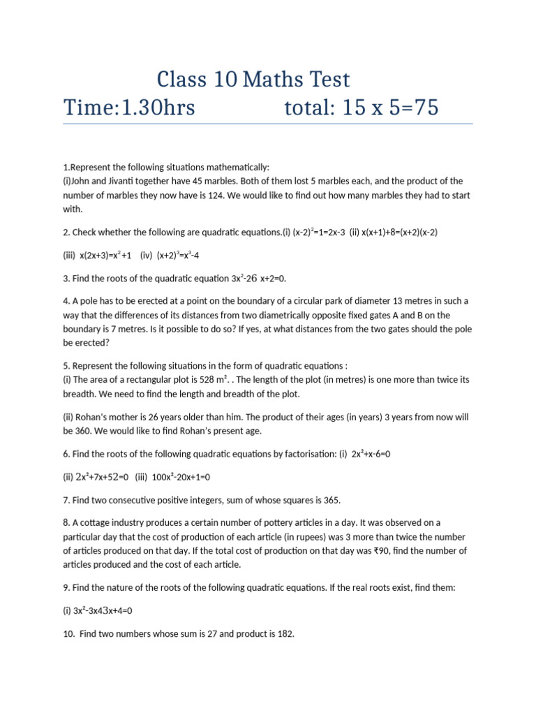 Class 10 Maths Test Time:1.30hrs Total: 15 X 5 75 | PDF