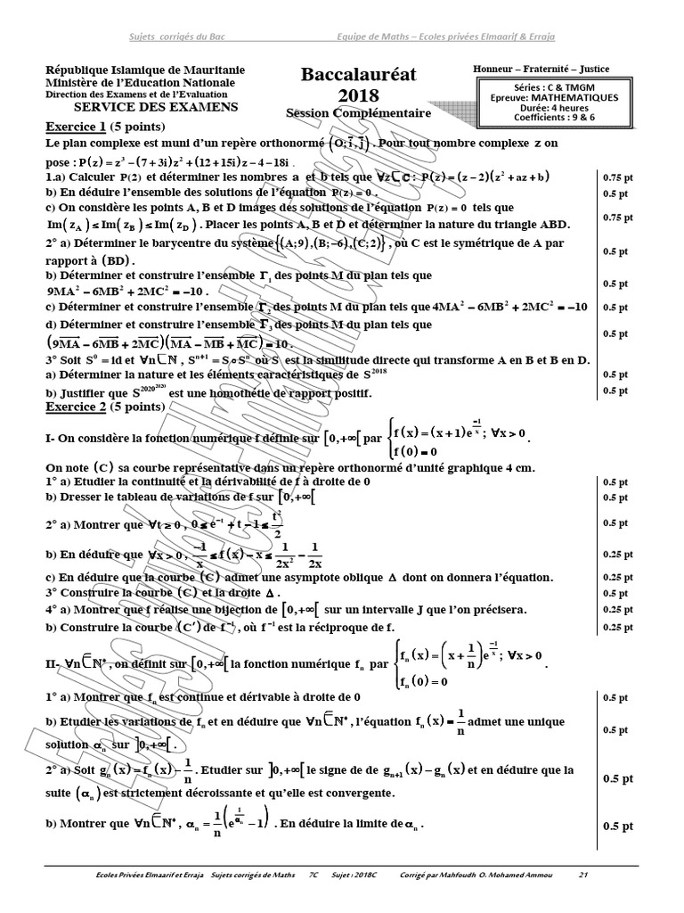 Sujets corrigés Bac 2018 Série C | PDF | Mathématiques élémentaires ...