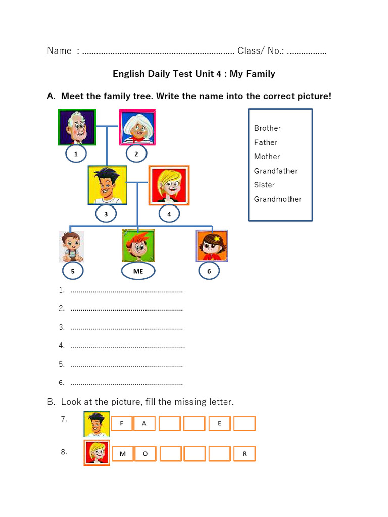 English Daily Test Unit 4 My Family Pdf