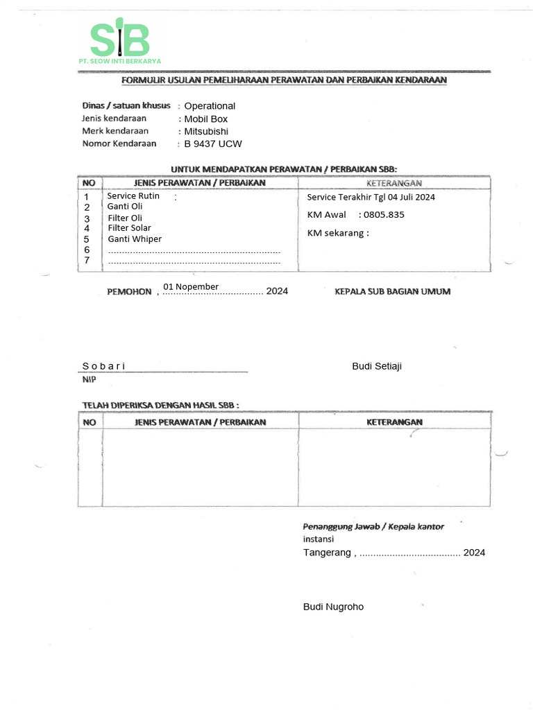 Formulir Servis Kendaraan B 9437 UCW | PDF