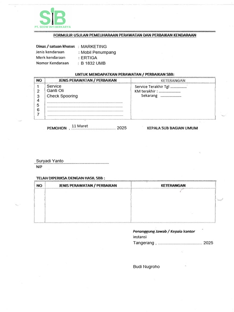 Form Service Kendaraan | PDF