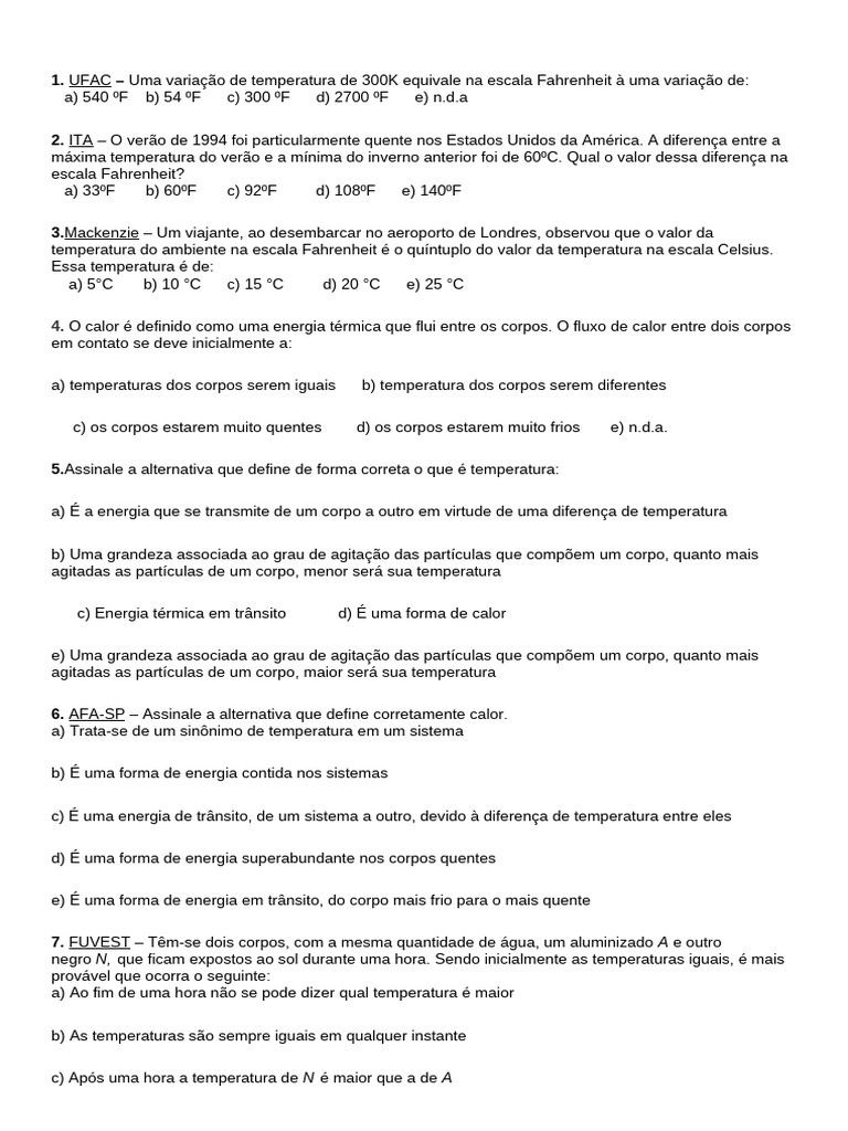 Questões sobre Temperatura e Calor | PDF | Temperatura | Calor