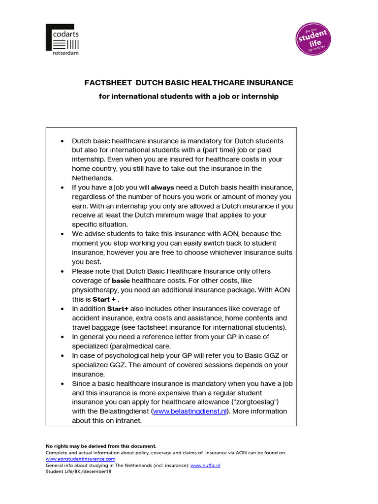Fact Sheet Dutch Basic Healthcare Insurance For International Students ...