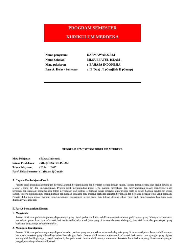 Program Semester Kurikulum Merdeka | PDF
