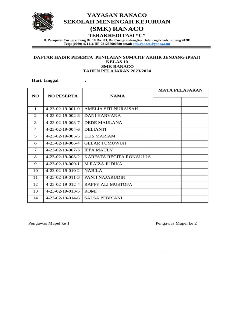 Daftar Hadir PSAJ Kelas 10 SMK Ranaco | PDF