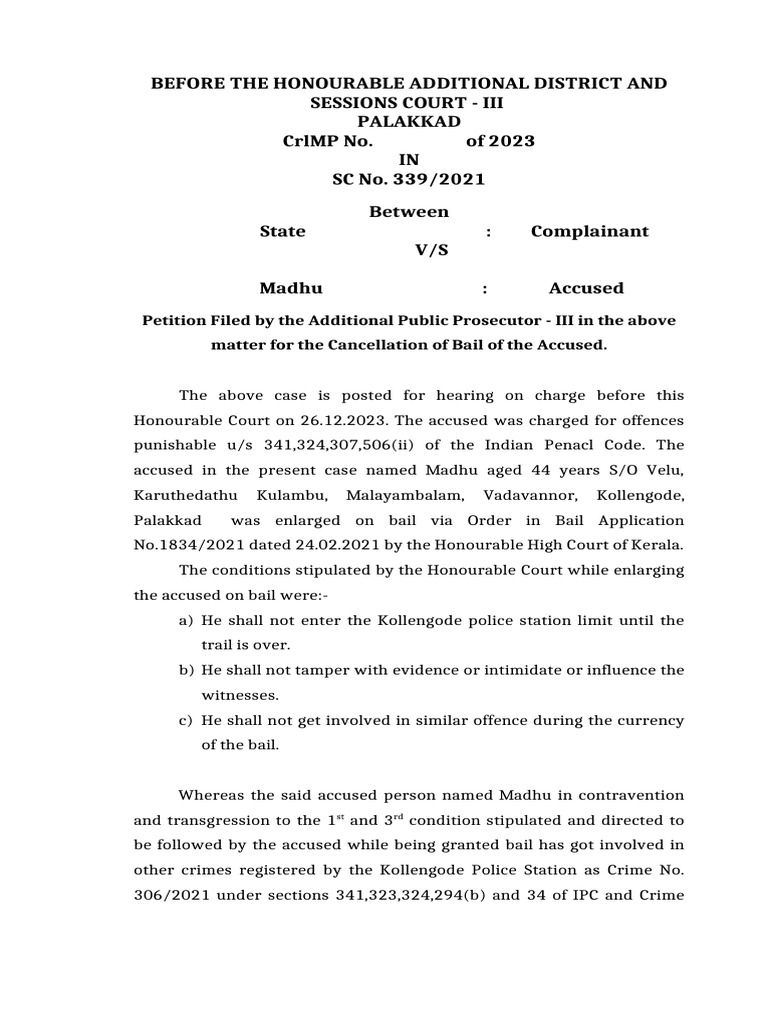 Bail Cancellation Petition for Madhu | PDF | Bail | Crime & Violence