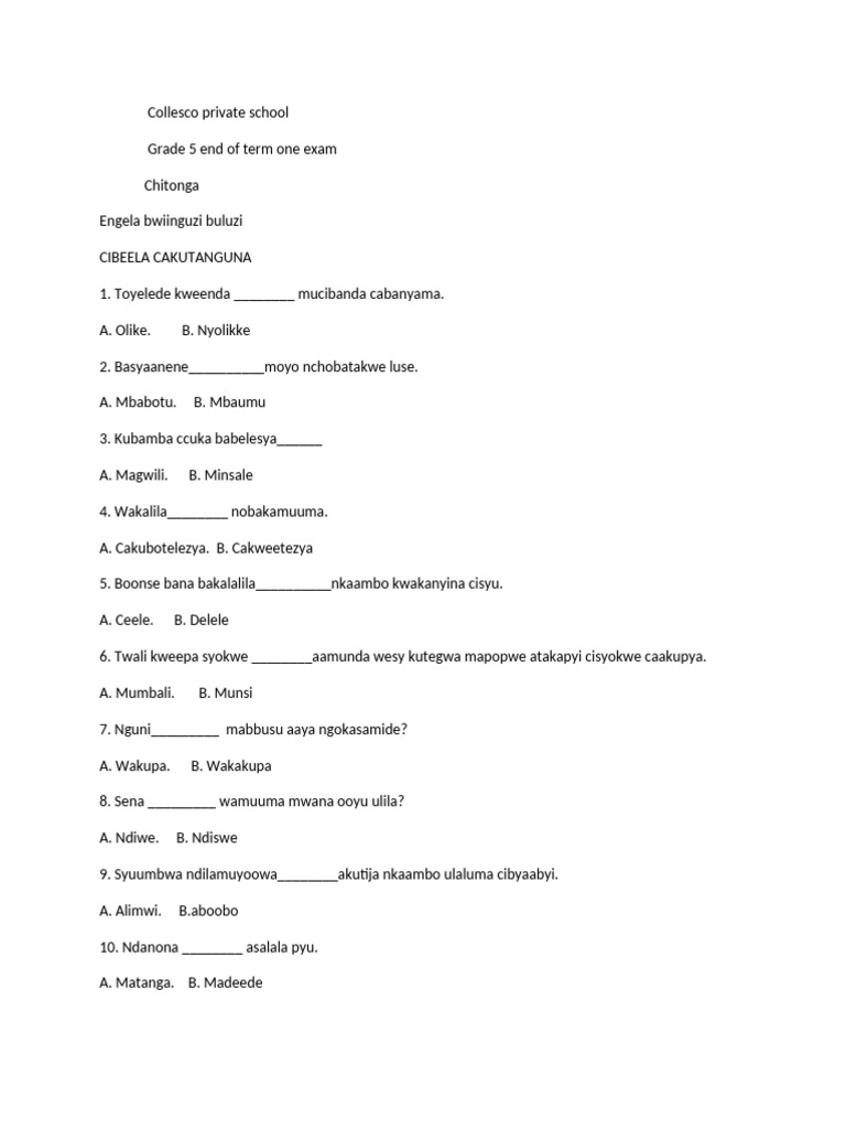 Grade 5 Chitonga Exam Paper | PDF