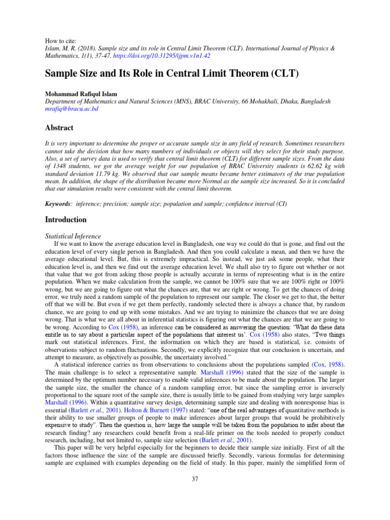 Sample Size in Central Limit Theorem | PDF | Sample Size Determination ...