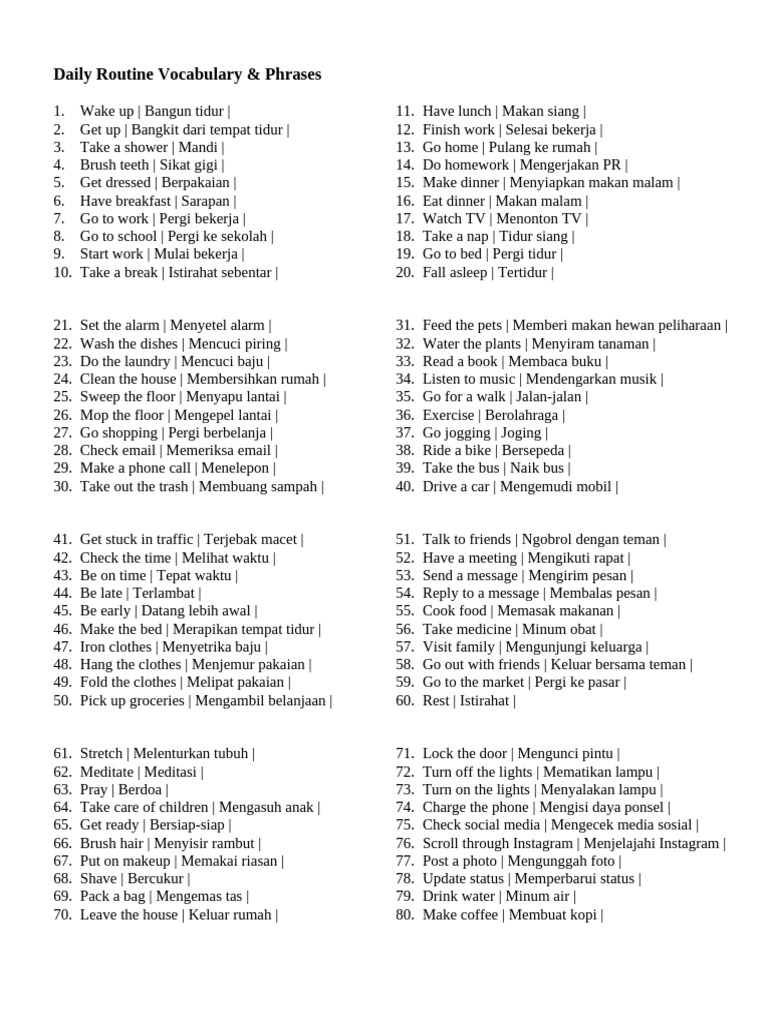 Daily Routine Vocabulary | PDF