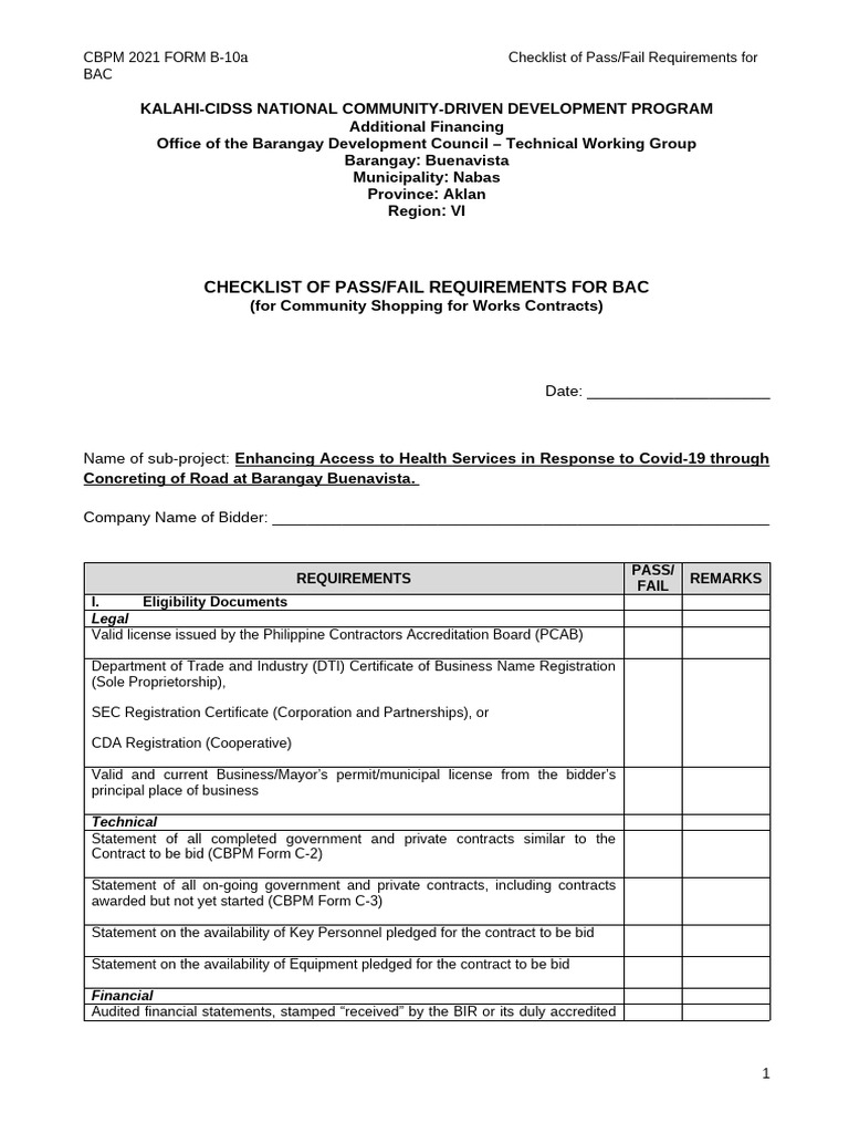 Buenavista CBPM 2021 Form B-10a - Checklist of Pass Fail Requirements ...