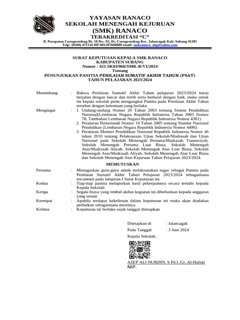 Penunjukan Panitia PSAT SMK Ranaco 2024 | PDF