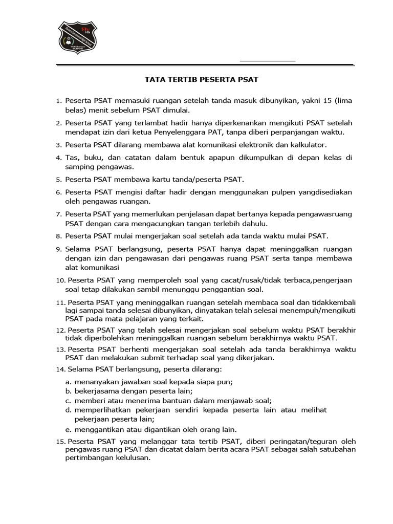 Tata Tertib Peserta PSAT SMK Ranaco | PDF