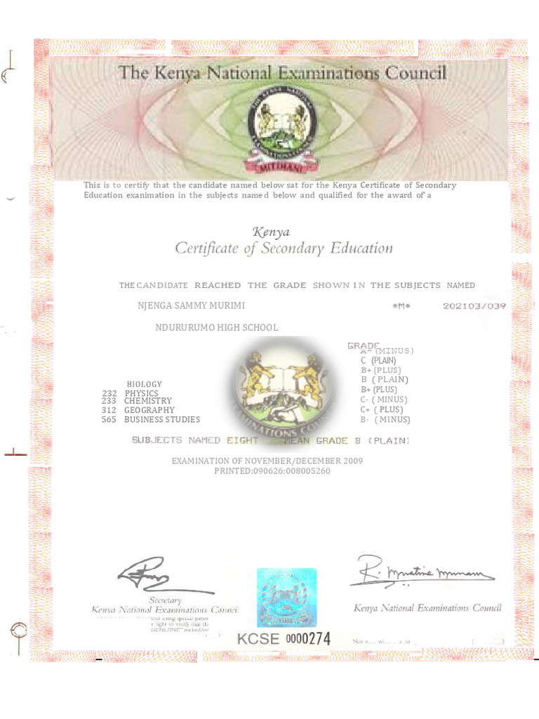 Sammy Njenga Kcse Cert | PDF