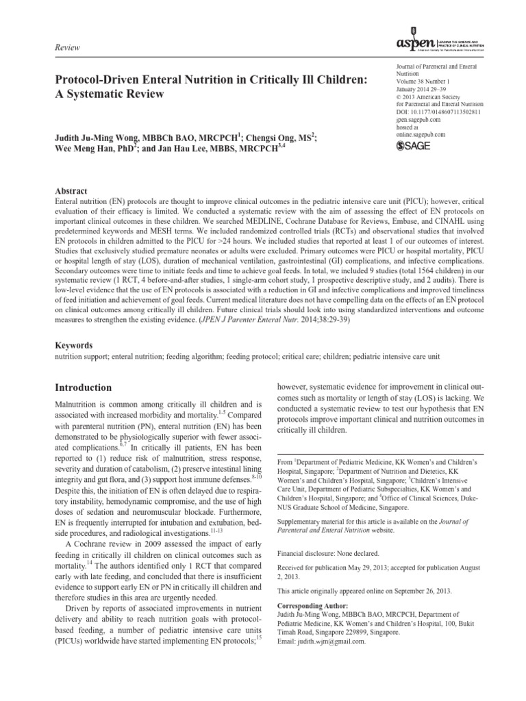 Protocol-Driven Enteral Nutrition in Critically Ill Children A ...