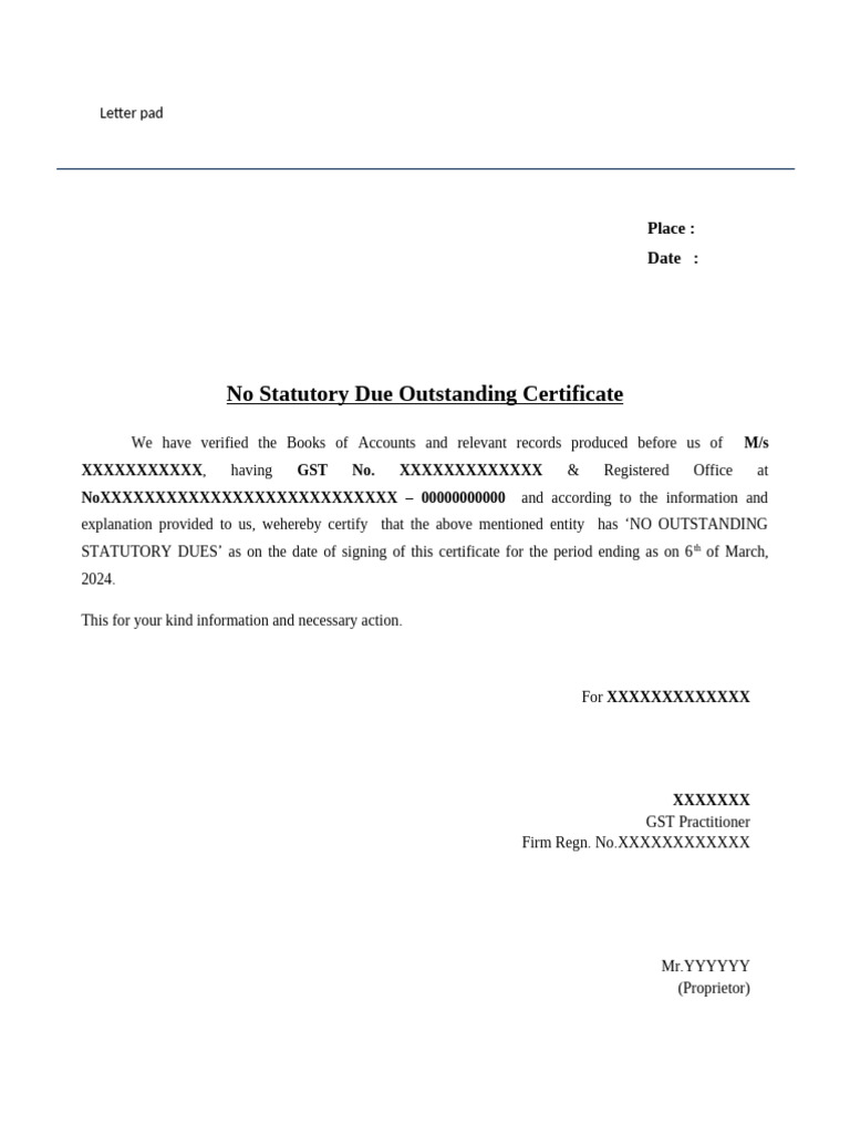 No Statutory Due Outstanding Certificate: Letter Pad | PDF
