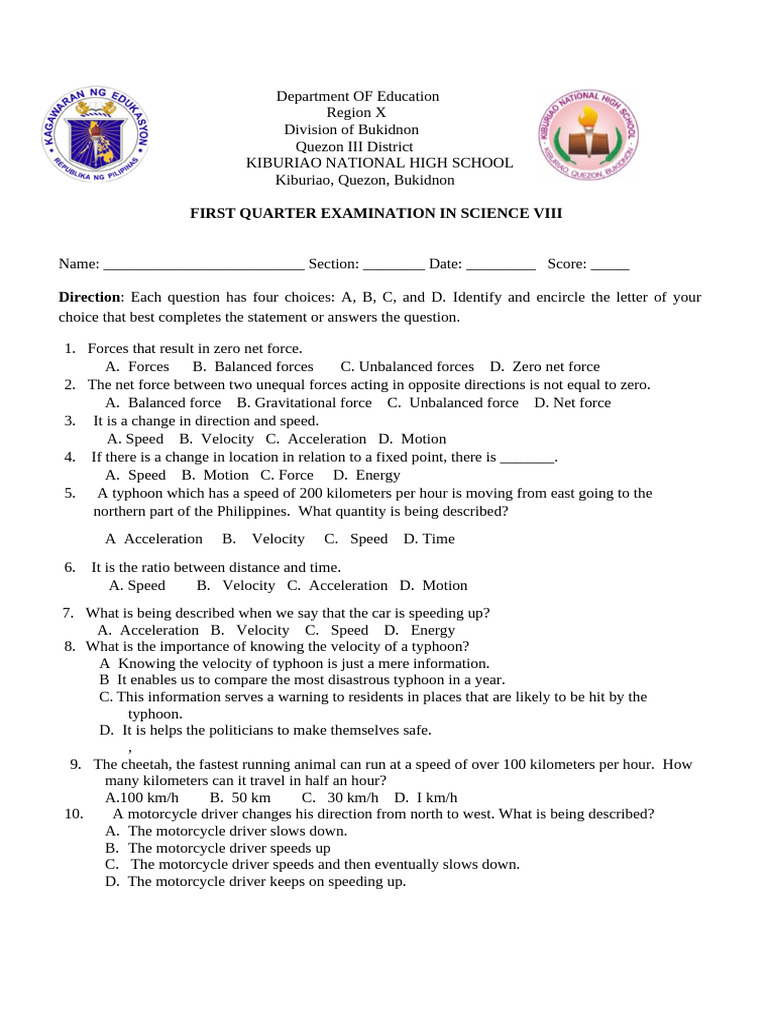 1st Quarter Exam Science 7 | PDF | Force | Potential Energy