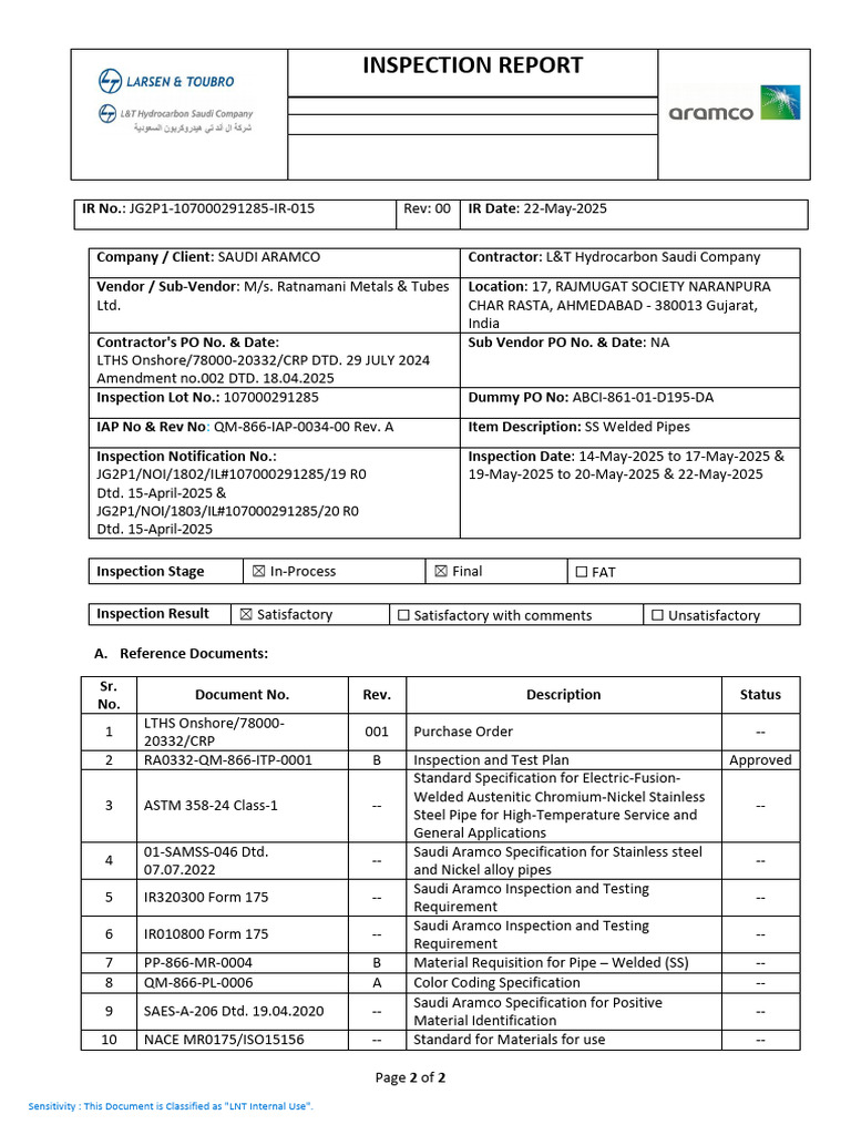 Jafurah Gas Plant Expansion Inspection Report | PDF | Nondestructive ...