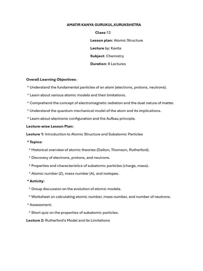 Atomic Structure Lesson Plan for Class 12 | PDF | Atoms | Atomic Orbital