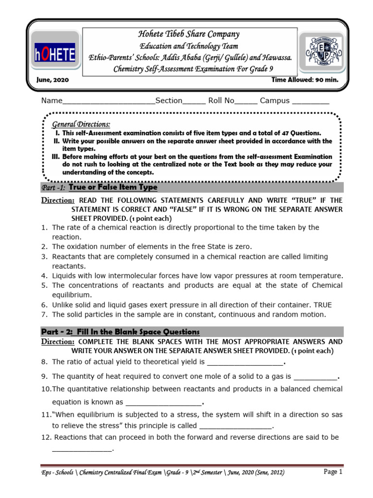 Chemistry Grade 9 Self Assessment Examination | PDF | Chemical ...