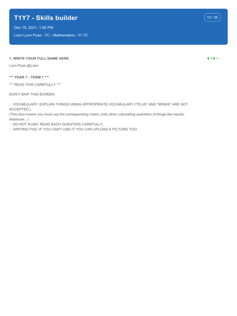 T1Y7 - Skills Builder - 7c - Mathematics - Yr 7c - Liam Lynn Pyae (2) | PDF