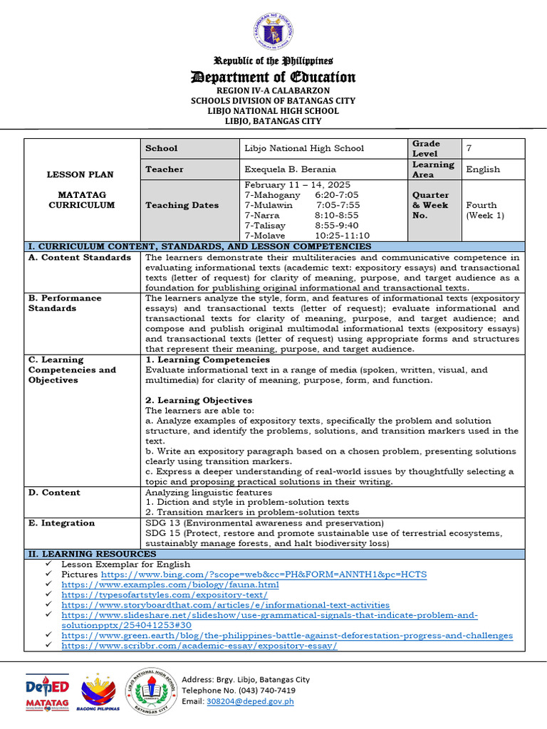 Grade 7 English Lesson Plan: Expository Texts | PDF | Habitat ...