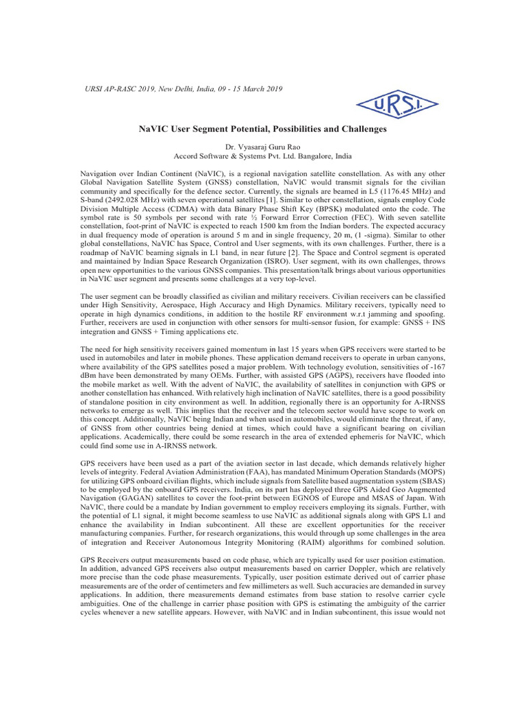 NaVIC User Segment Potential Possibilities and Challenges | PDF