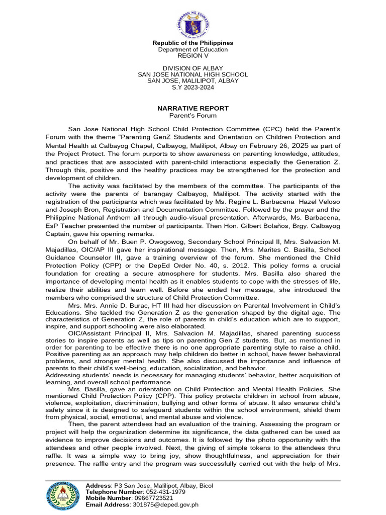Narrative Report Parents Assembly Calbayog Final | PDF | Child ...