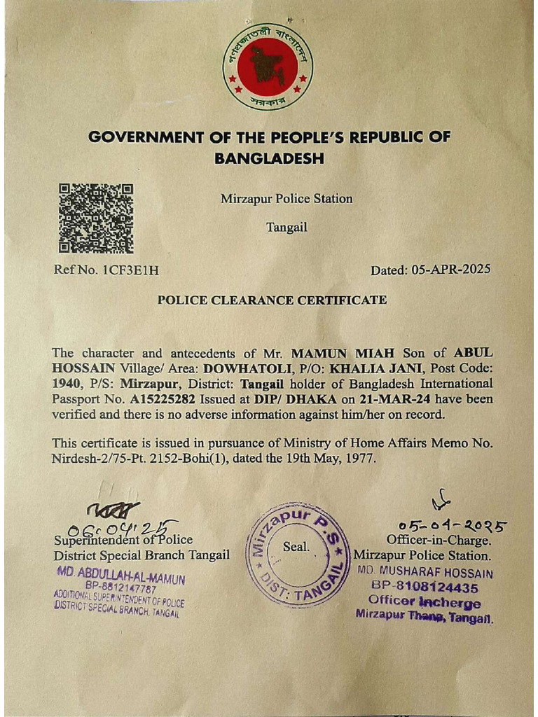 Mamun Police Clearence Cirtificate | PDF