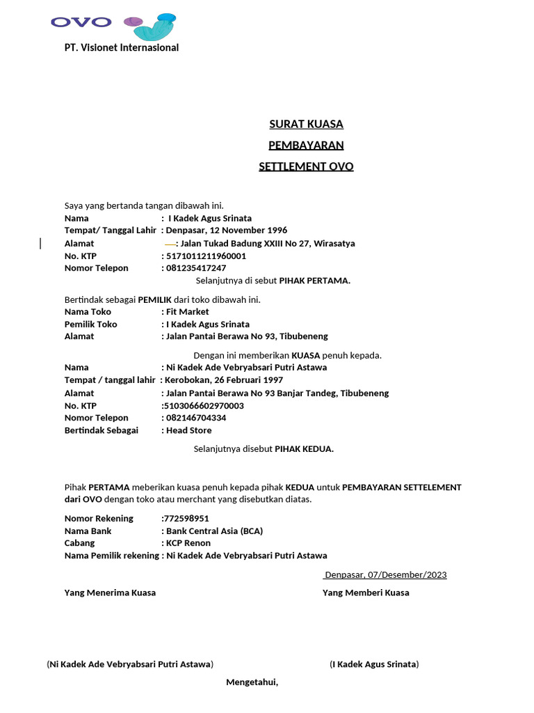 Surat Kuasa Perubahan Rekening | PDF