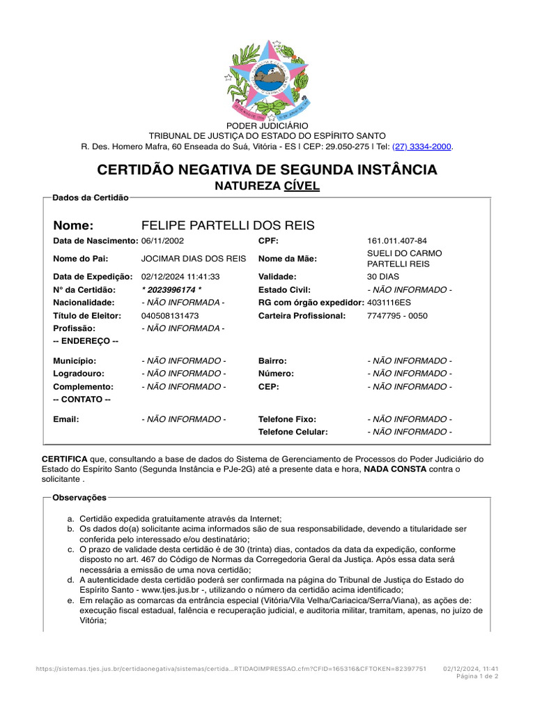Certidão Negativa Cível Espírito Santo | PDF | Justiça | Crime e Violência