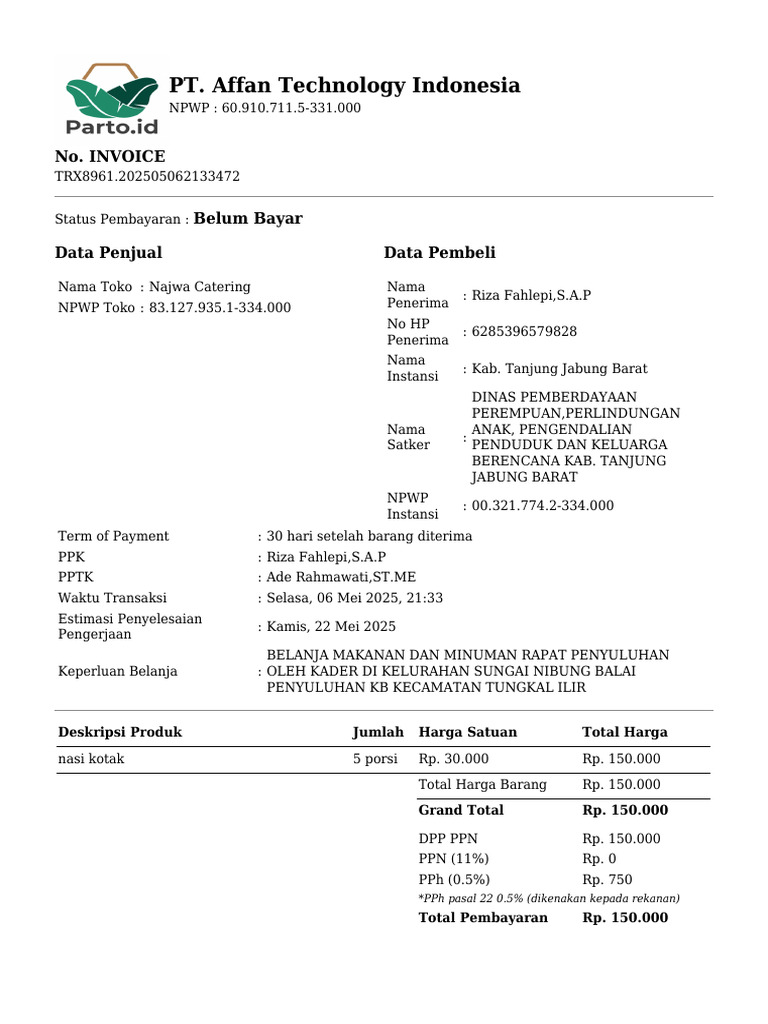Contoh Invoice dengan PPN dan PPh | PDF