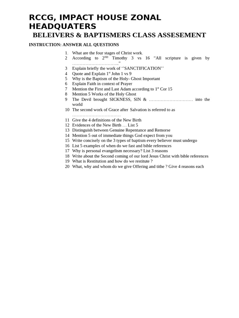 RCCG Believers & Baptismers Exam Guide | PDF