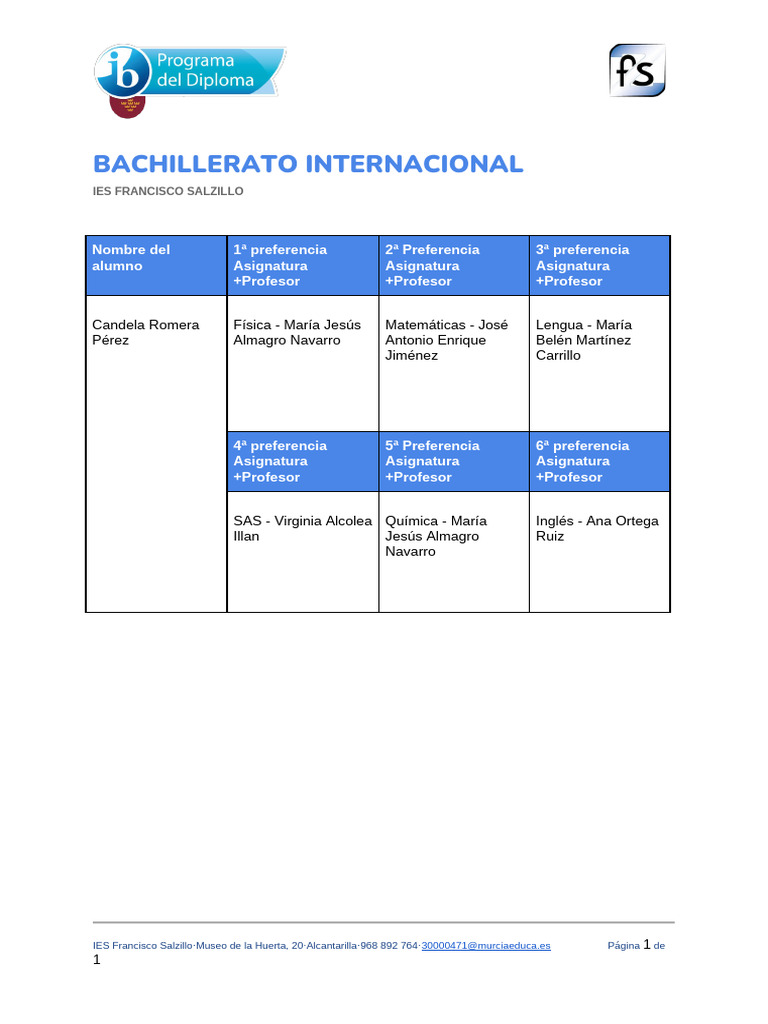 Ficha de Preferencias. 1ºa Monografía | PDF