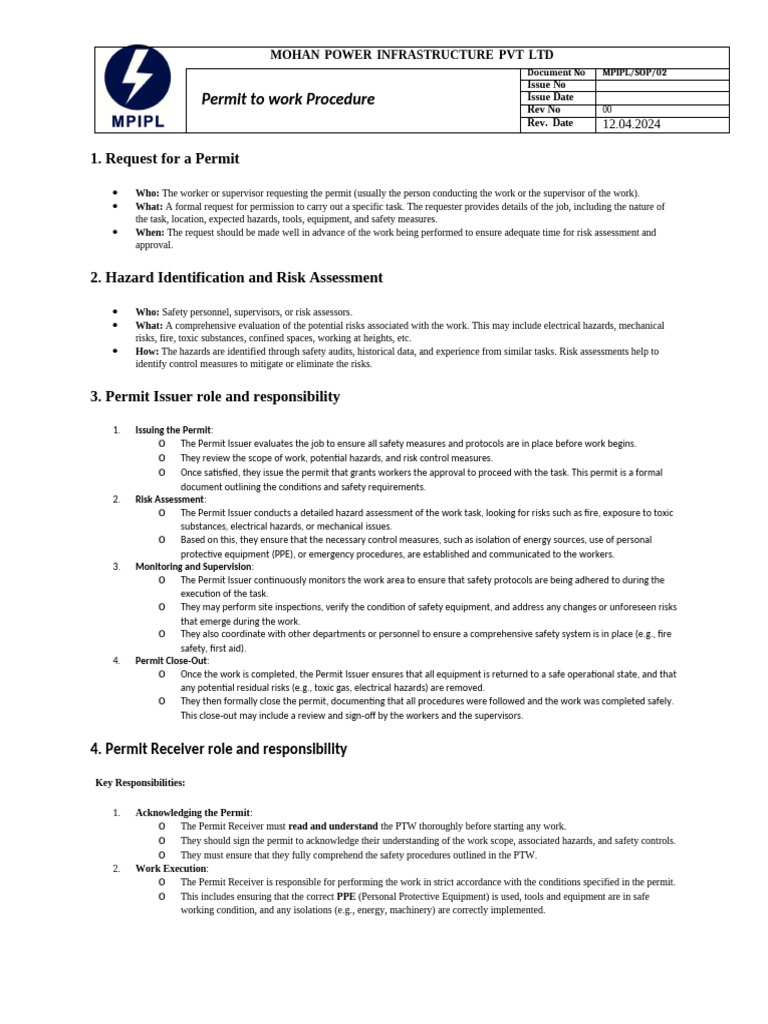 Permit to Work Procedure Overview | PDF | Personal Protective Equipment ...