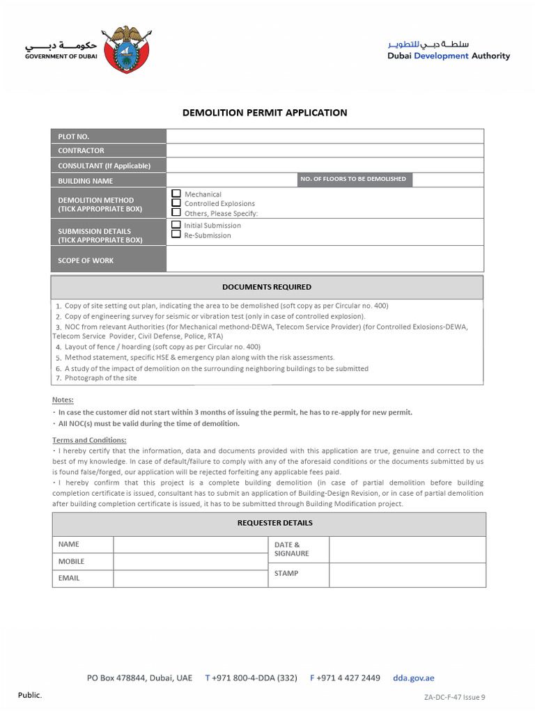 DDA - Demolition Permit Application Form | PDF | Demolition