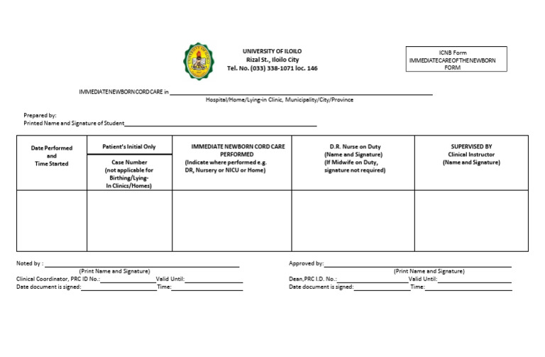 Immediate Newborn Cord Care Form | PDF