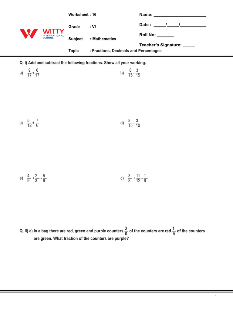 VI Grade Fractions and Percentages Worksheet | PDF | Percentage | Decimal