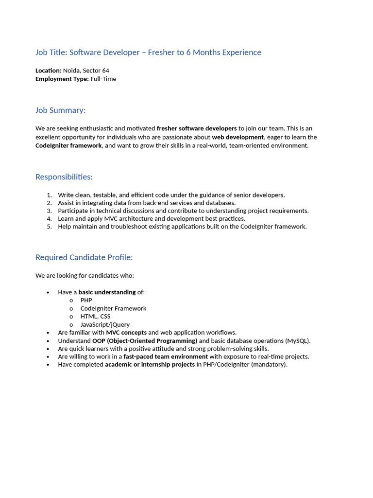 Software Developer - Job Description (Fresher) New | PDF