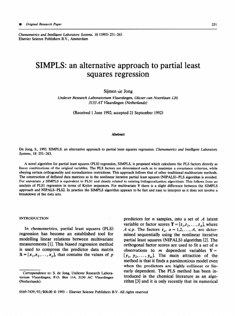SIMPLS: New Method for PLS Regression | PDF | Principal Component ...
