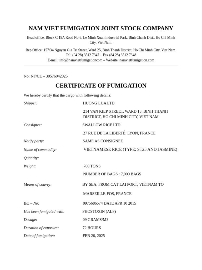 Fumigation Certificate for Vietnamese Rice | PDF