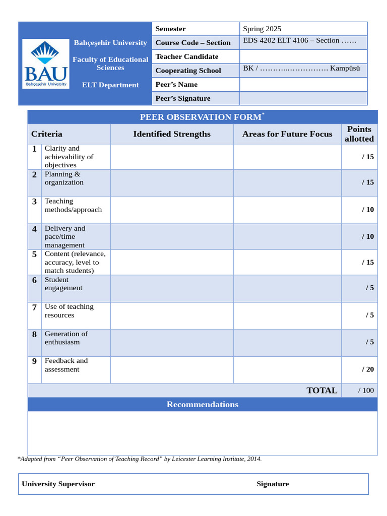 Peer Observation Form for ELT Course | PDF | Learning | Human Communication