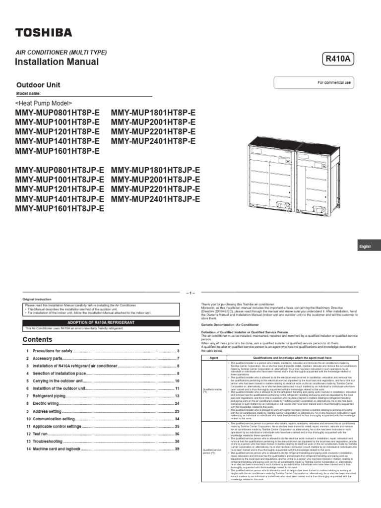 Toshiba Multi-Type AC Installation Guide | PDF | Personal Protective ...