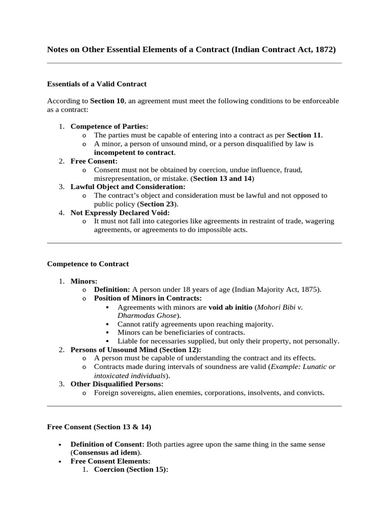 Notes On Other Essential Elements of A Contract Notes | PDF | Fraud ...