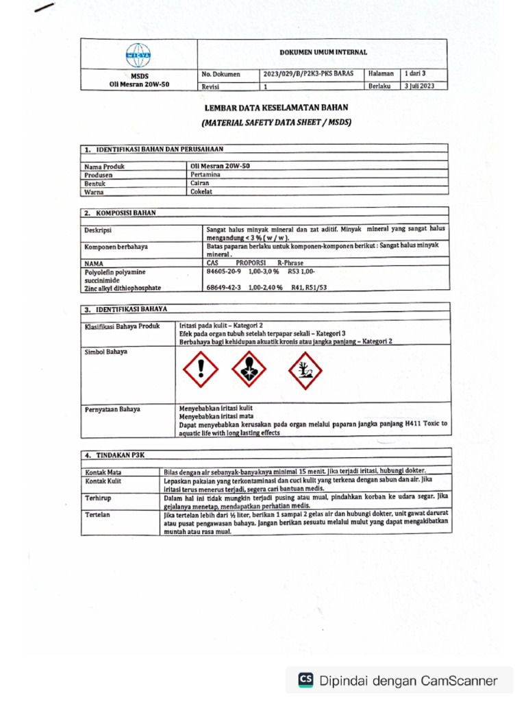 MSDS Mesran 20W 50 | PDF
