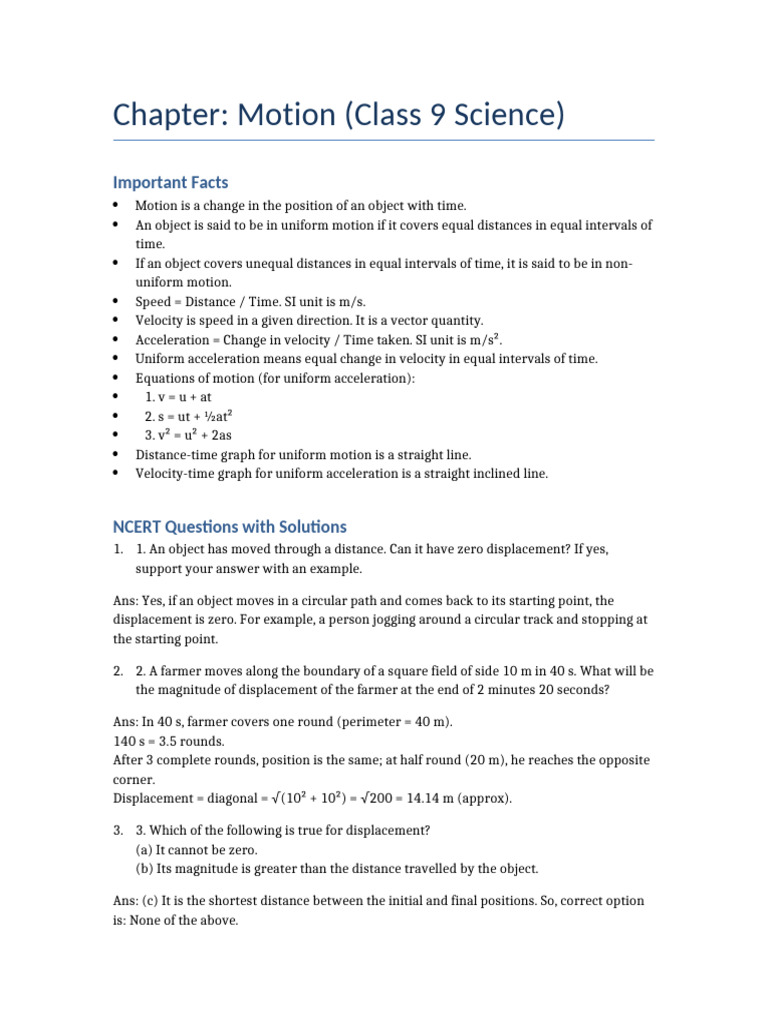 Motion Concepts for Class 9 Science | PDF