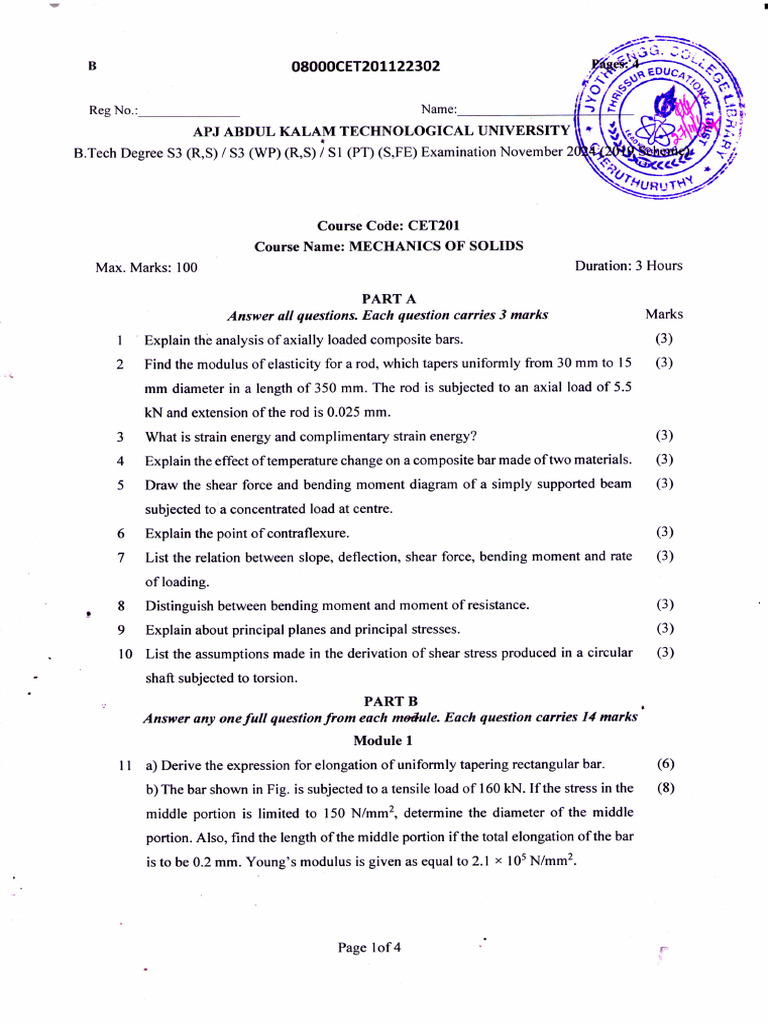 Cet201 Mechanics of Solids, November 2024 | PDF | Bending | Stress ...