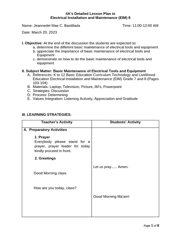 Lesson Plan Grade 7 & 8 Basic Maintenance of Elecrtical Tools and ...